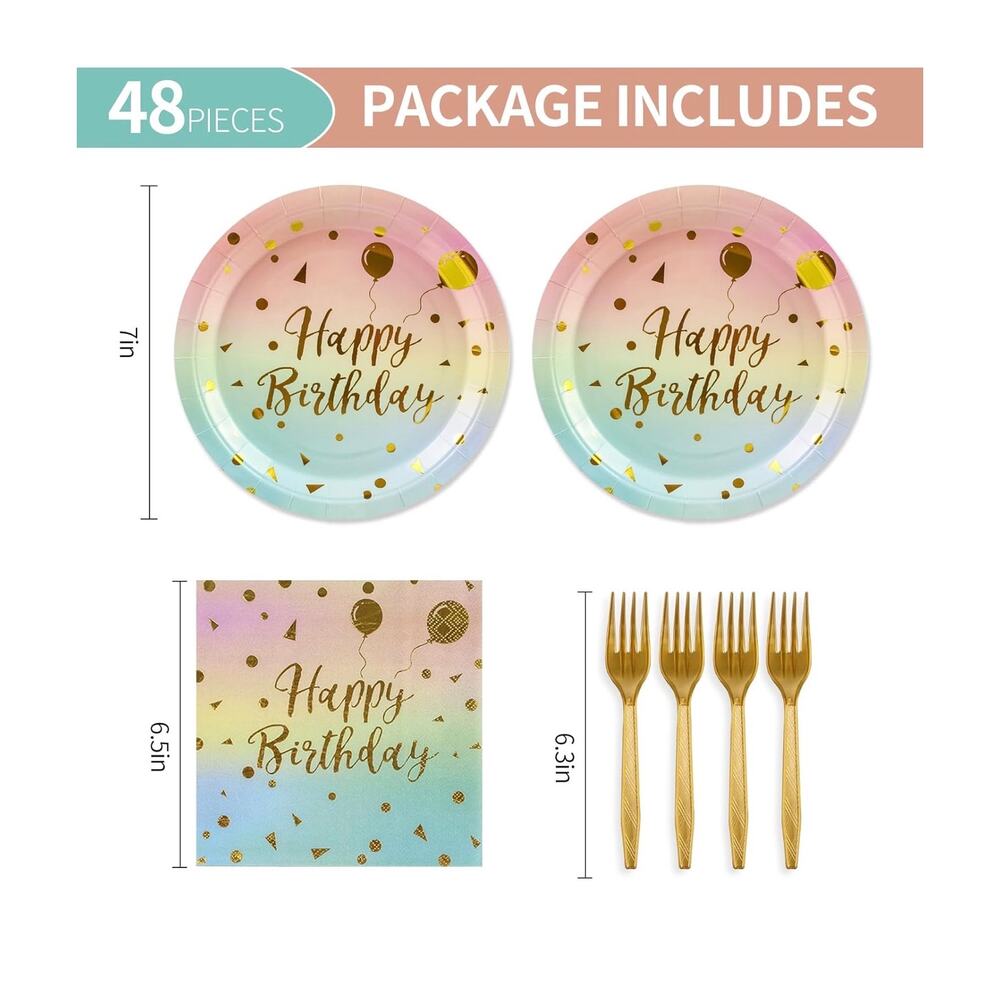 48PCS Happy Birthday Plates and Napkins Party Supplies, Colorful and Gold